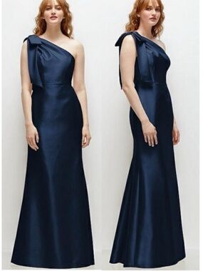 NWT Alfred Sung Satin Twill One Shoulder Bow Maxi Dress Gown Size 8 D794 Navy